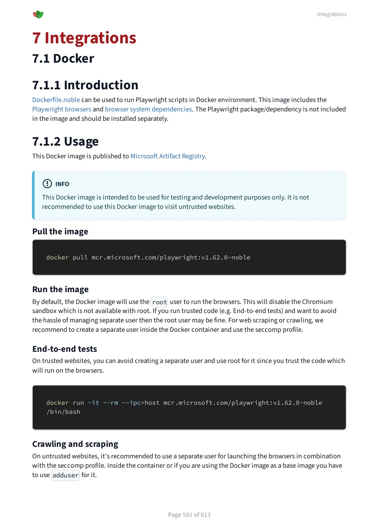 The Integrations chapter opening, on page 591 of the 613-page Playwright Docs manual